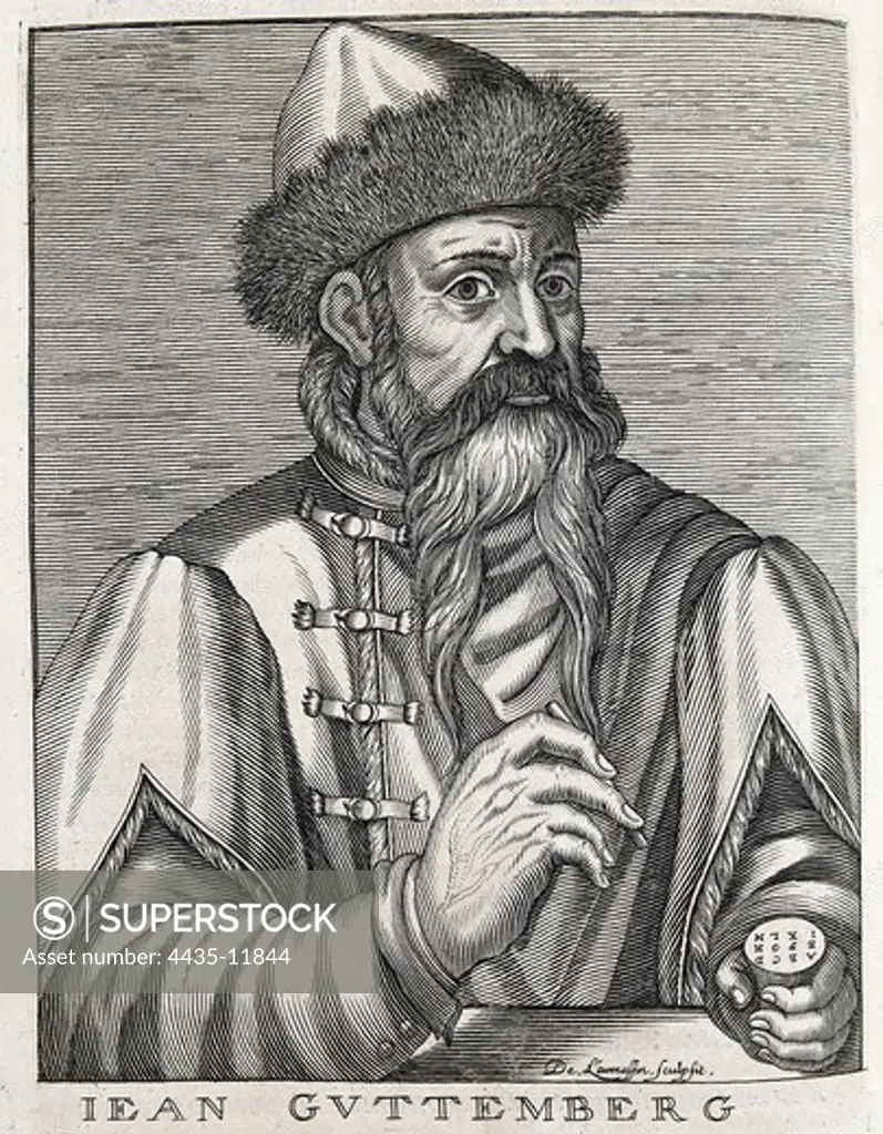 Gutenberg, Johannes Gensfleich (c.1400-1468). German printer, inventor of the printing press. Portrait of Gutenberg. Engraving. SPAIN. MADRID (AUTONOMOUS COMMUNITY). Madrid. National Library.