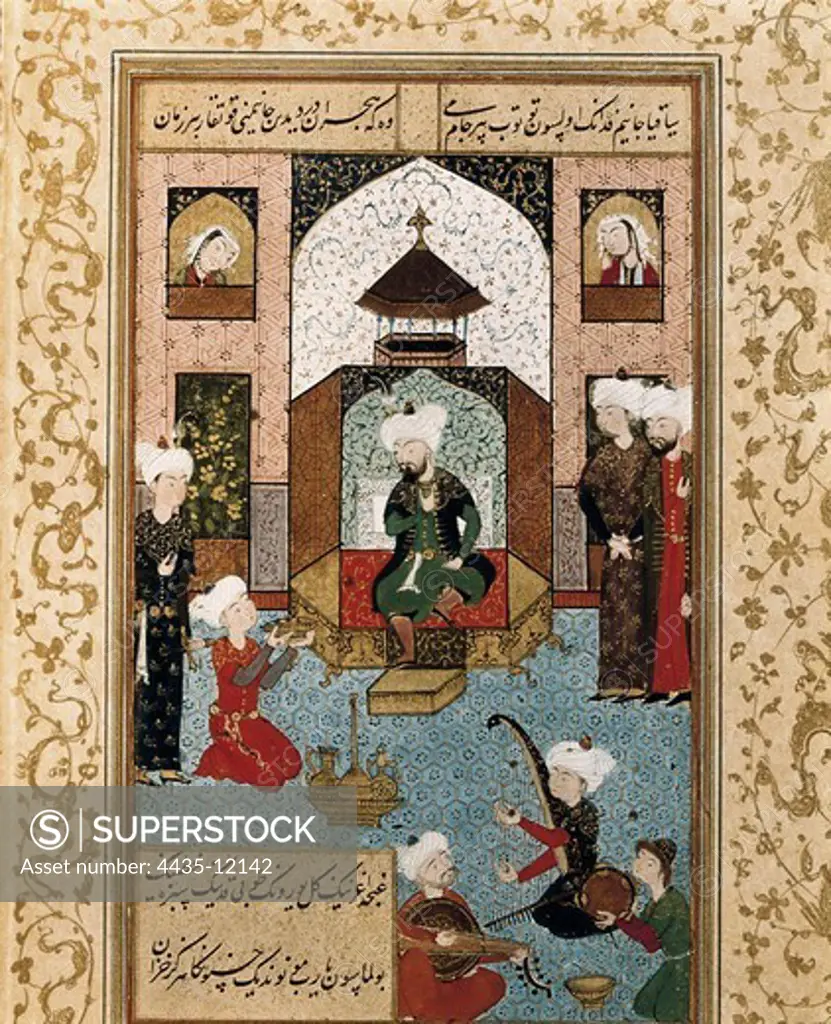 HUSSEIN BAIKARA (1469-1506). Timurid sultan. The sultan with his court. IlustraciÑn of poems of Behzad school. Islamic art. Miniature Painting. FRANCE. LE-DE-FRANCE. Paris. National Library.