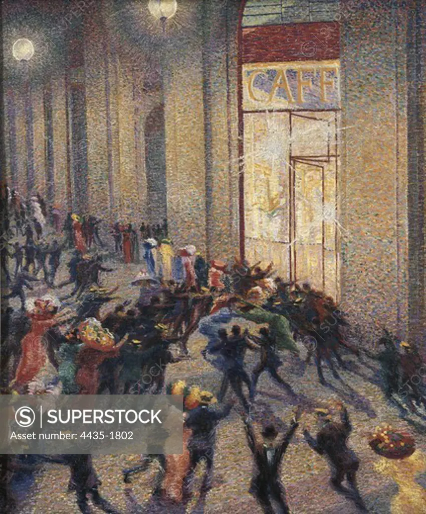 BOCCIONI, Umberto (1882-1916). Rissa in galleria (Riot at the Gallery). 1910. Scene of a riot in front of a cafŽ. Futurism. Oil on canvas. ITALY. LOMBARDY. Milan. Pinacotheca of Brera.