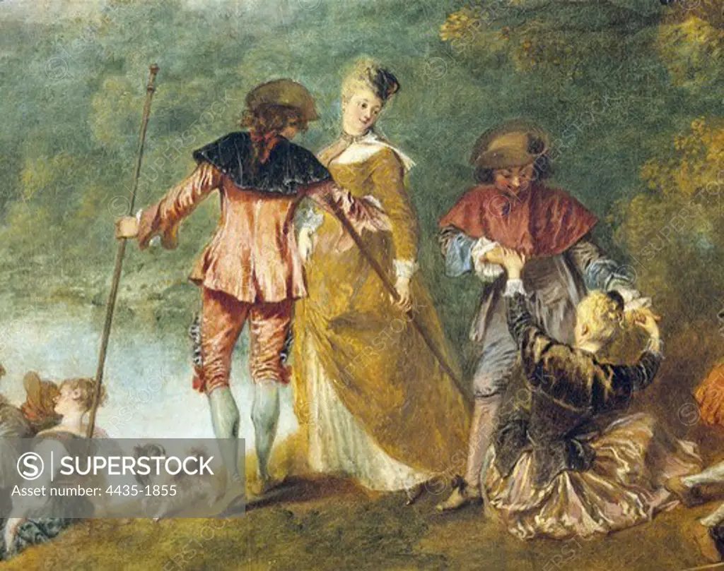 WATTEAU, Jean-Antoine (1684-1721). Embarkation for Cythera. ca. 1717. Central detail. Rococo. Oil on canvas. FRANCE. ëLE-DE-FRANCE. Paris. Louvre Museum.