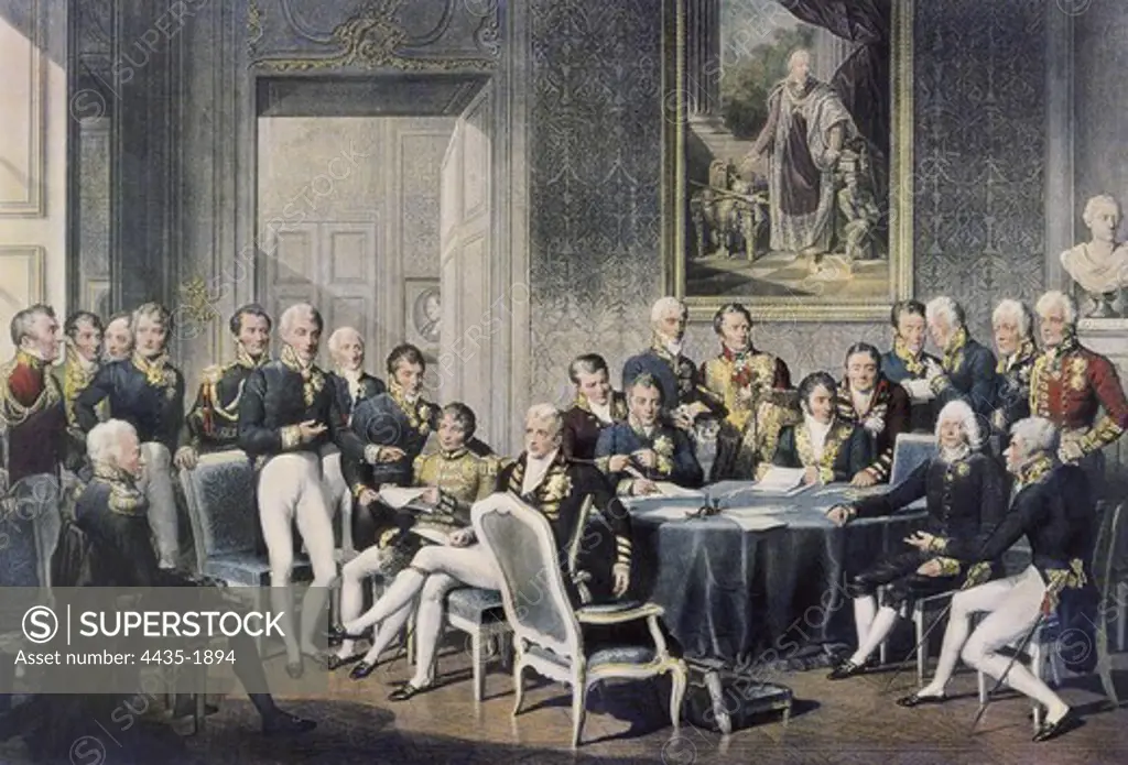 Congress of Vienna (1814-1815). Meeting of the eight major powers signatories of the Treaty of Paris. Litography.