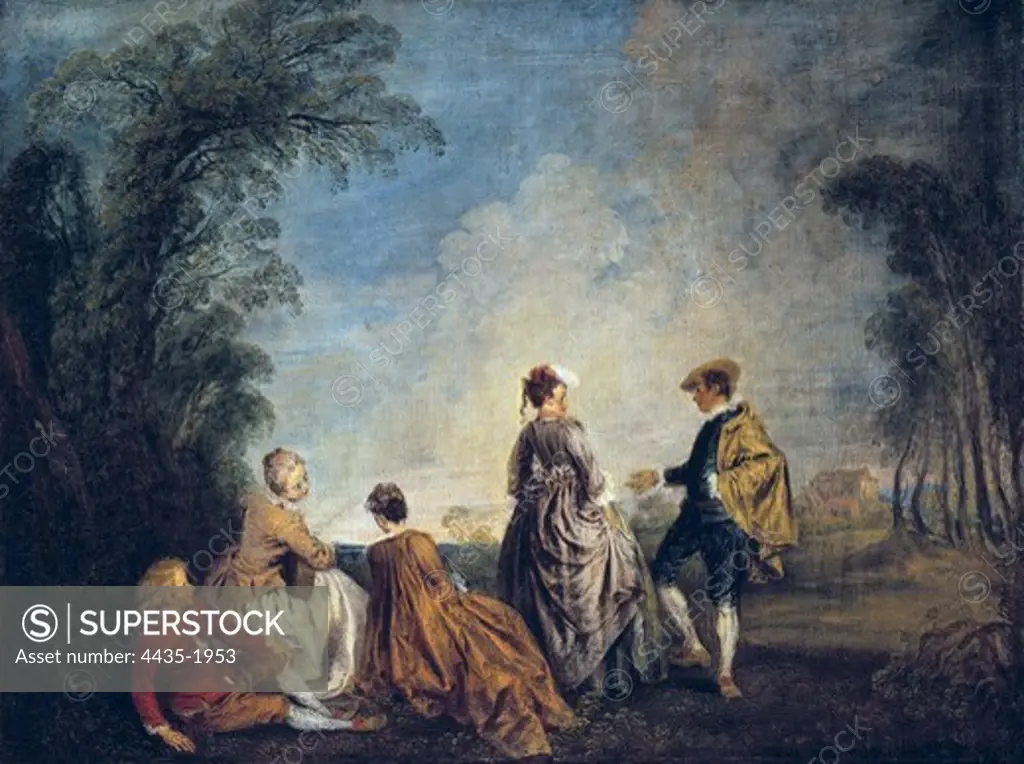 WATTEAU, Jean-Antoine (1684-1721). An Embarrasing Proposal. 1715 - 1716. Rococo. Oil on canvas. RUSSIA. SAINT PETERSBURG. Saint Petersburg. State Hermitage Museum.