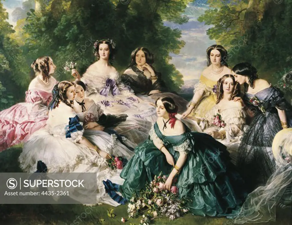 WINTERHALTER, Franz Xavier (1805-1873). Portrait of the Empress Eugenie surrounded by her Ladies in Waiting. 1855. The Empress with Baroness of Pierres, Princess of Essling, Viscountess of Lezay-MarnŽsia, Marchioness of Montebello, Duchess of Bassano, Baroness of Malaret, Marchioness of Las Marismas and Marchioness of Latour-Maubourg. Oil on canvas. FRANCE. PICARDY. OISE. Compigne. The National Museum of the Castle of Compigne.