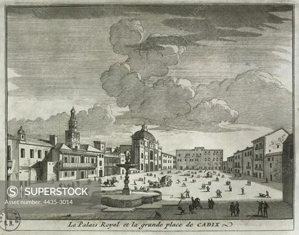 Royal Palace and Great Square of Cadiz in 18th c. Engraving. SPAIN. MADRID (AUTONOMOUS COMMUNITY). Madrid. National Library.