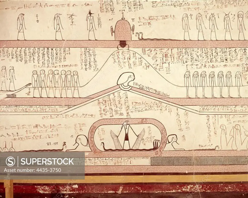 Tomb of Tuthmosis III. EGYPT. Dayr al-Bahri. Valley of the Kings. Tomb of Tuthmosis III. God Horus presiding a ceremony. Egyptian art. New Kingdom. Painting.