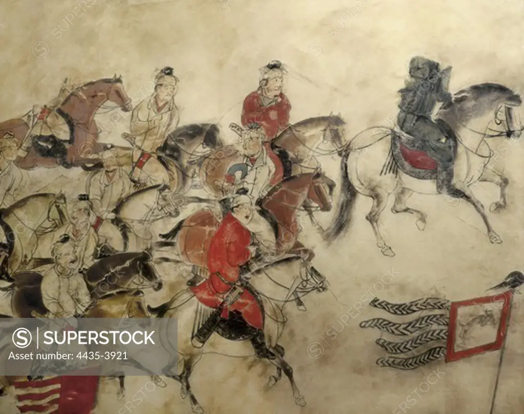 Tomb of the Crown Prince Zhanghuai. 711. CHINA. Xian. Tomb of Li Xian, Prince Zhanghuai. Hunting scene with horses. Chinese art. Tang period. Painting.