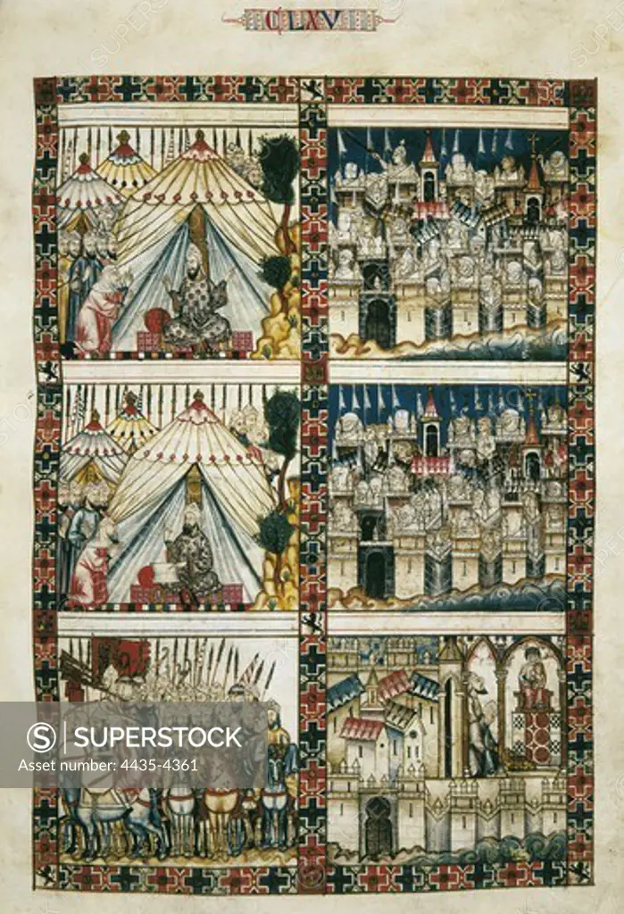 Alfonso X, called 'The Wise' (1221-1284). Cantigas de Santa Maria (Virgin Mary Songs). 13th c. Battle and soldiers scene. Gothic art. Miniature Painting. SPAIN. MADRID (AUTONOMOUS COMMUNITY). San Lorenzo de El Escorial. Royal Library of the Monastery of El Escorial.