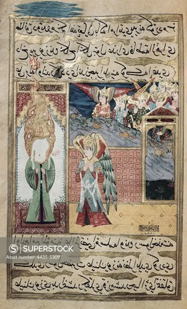 The Archangel Saint Gabriel inspires Muhammad in the mosque of Medina. Ottoman copy from the 18th c. of a Koran's copy from the 8th c., with illustrations by Seyyd Suleiman Pacha. Ottoman art. Miniature Painting. TURKEY. THRACE. Istanbul. Museum of Turkish and Islamic Arts.