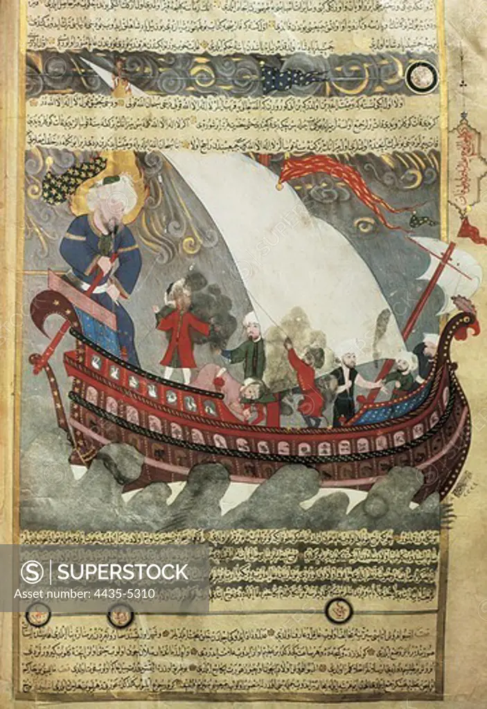 Noah's Ark around the Ka'bah during the Great Flood. Islamic art. Miniature Painting. TURKEY. THRACE. Istanbul. Museum of Turkish and Islamic Arts.