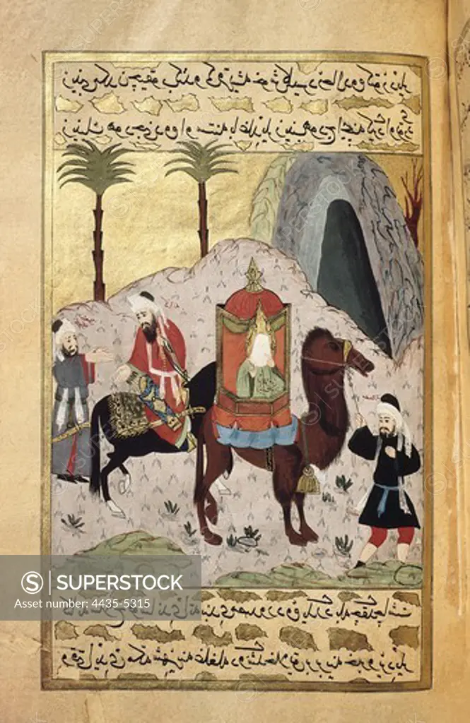 Zaynat bint Jahsh, fifth wife of Muhammad, escapes from Mecca and goes to Medina. Work by Erzeni, 18th century. Miniature Painting. TURKEY. THRACE. Istanbul. Museum of Turkish and Islamic Arts.