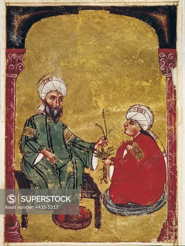 De Materia Medica. 1st half 18th c. Sultan Ahmet III gives some medicinal plants to one of his disciples. Islamic art. Gouache. TURKEY. THRACE. Istanbul. Library of Ahmed III (Topkapi Palace).