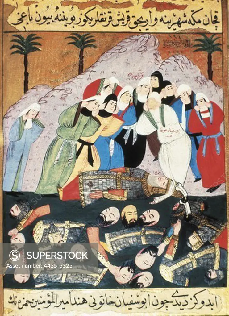 Battle of Uhud (23rd March 625). Hind, woman of Abu-Sufiyan and other pagan women of Mecca mutilate the fallen in Uhud. Miniature Painting. TURKEY. THRACE. Istanbul. Museum of Turkish and Islamic Arts.