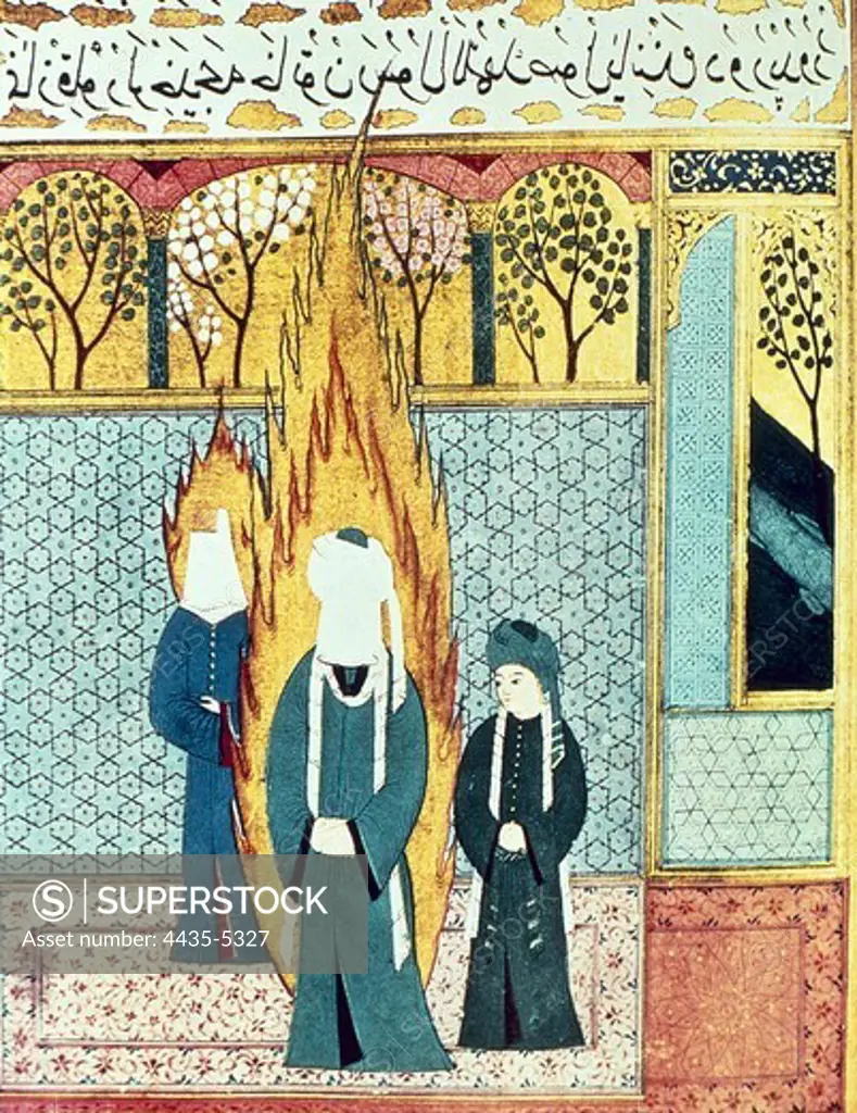 Muhammad prays with Ali and Khadijah. Islamic art. Miniature Painting. TURKEY. THRACE. Istanbul. Topkapi Saray Museum Istanbul.