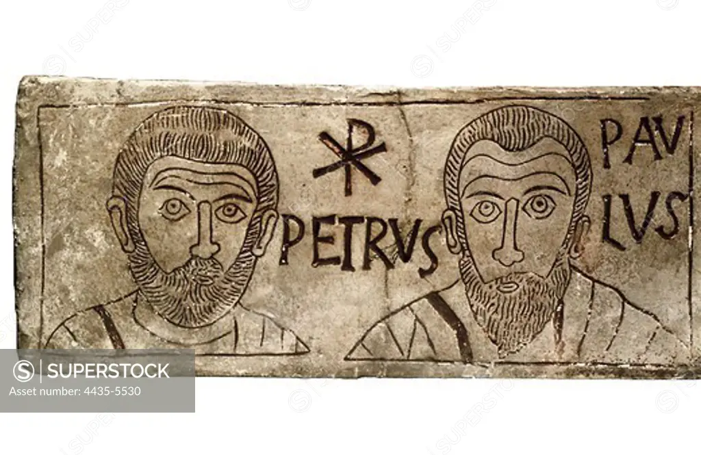 Drawing in a tombstone. 4th c. A.D, representing apostles Peter and Paul. Paleo-christian art. Engraving. ITALY. LAZIO. Rome. Lateran Museum.