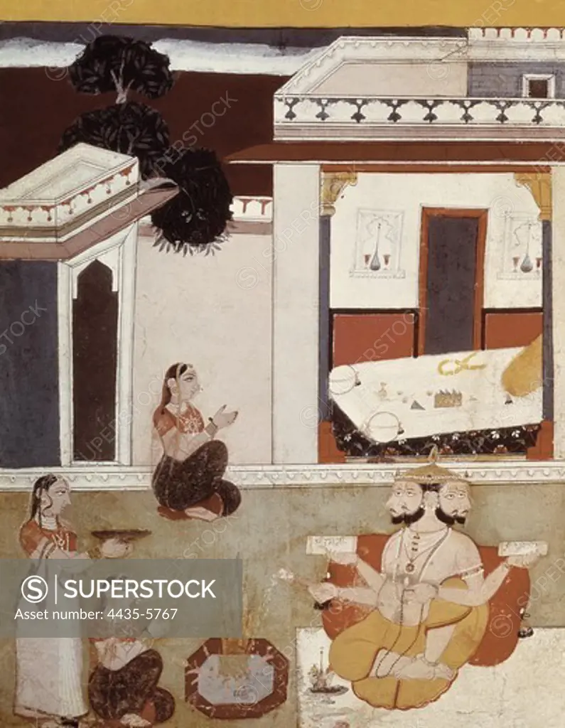 Woman Making an Offering to Brahma. 1720. Hindu art. Miniature Painting. FRANCE. ëLE-DE-FRANCE. Paris. Guimet Museum. Proc: INDIA. RAJASTHAN.