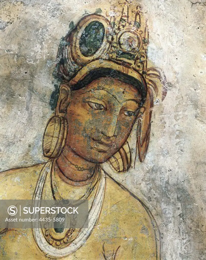 Maidens among clouds. 5th c. SRI LANKA. Sigiriya. Frescoes in the ancient rock fortress and palace of Sigiriya built by King Kasssapa (477-495). Hindu art. Fresco.