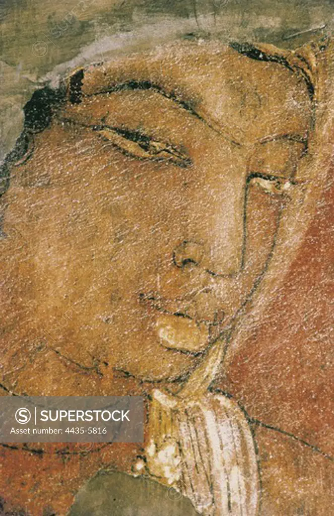 INDIA. Ajanta. Ajanta Caves. Detail with a feminine face . Wall painting inside the cave n. 17 (5th-6th c.). Hindu art. Gupta period.