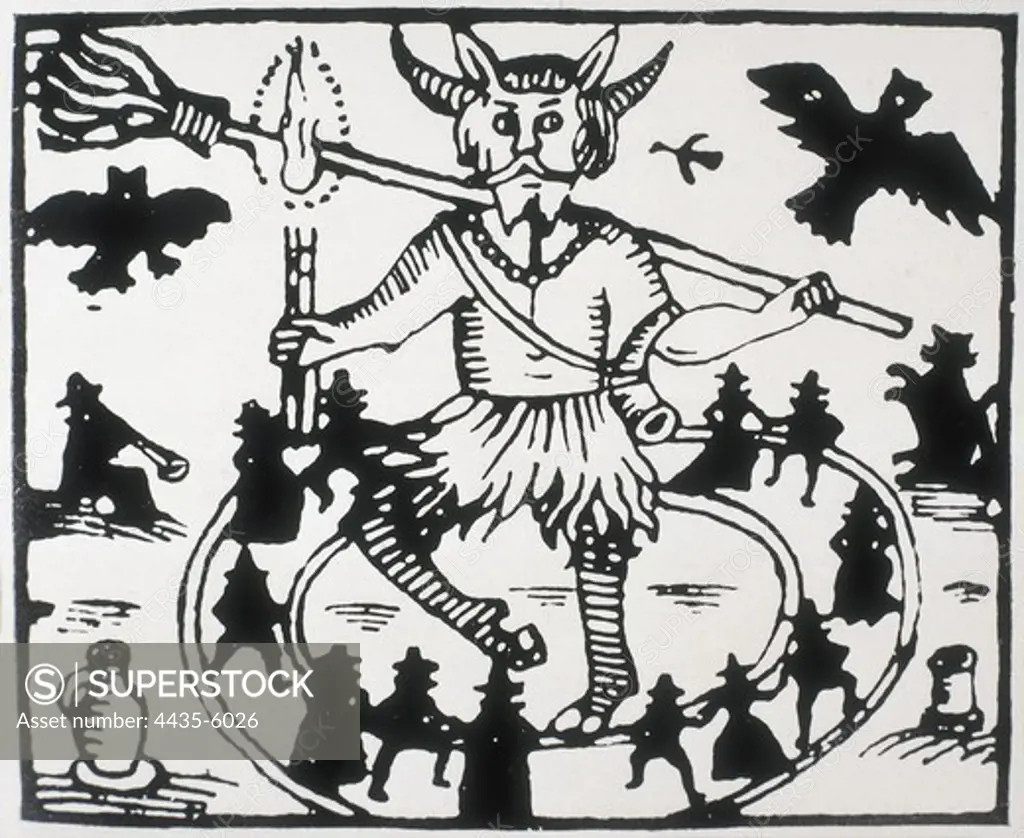 Illustration from 'Robin Goodfellow: His Mad Pranks and Merry Jests', 1628. English school. Robin Goodfellow symbolises Puck, an important character in the Anglosaxon tradition. Xylography.