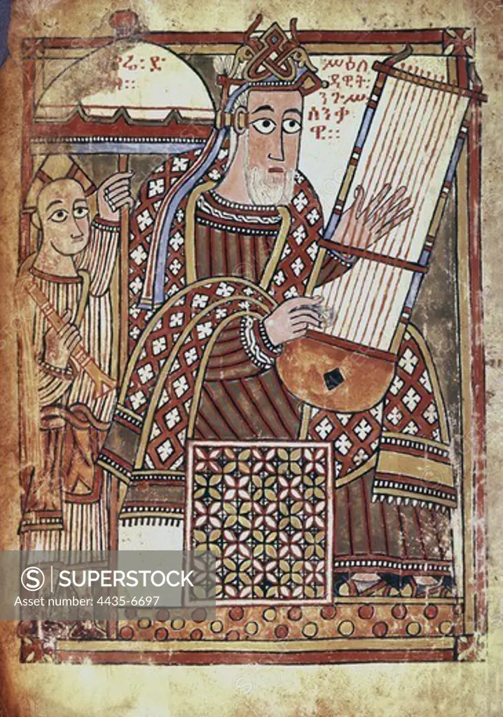 King David strumming a lyre. s.XV. Miniature Painting. FRANCE. LE-DE-FRANCE. Paris. National Library. Proc: ETHIOPIA.