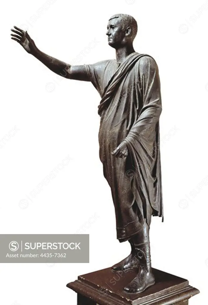 Orator or Arringatore. 90 BC. Representation of Aulus Metellus, named the Orator. Roman art. Republican period. Sculpture on bronze. ITALY. TUSCANY. Florence. National Museum of Archaeology.