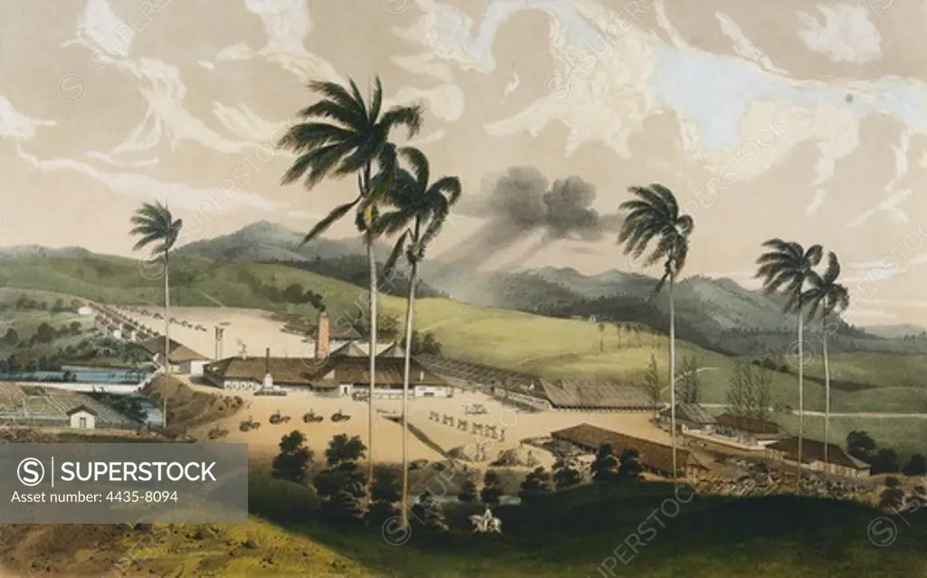 LAPLANTE, Eduardo (1818-1860). Libro de los Ingenios. 1856 - 1857. Cuba (19th c.). 'Ingenio Guinia' (sugar mill Guinia). Eduardo Laplante illustration for 'Libro de los Ingenios' (Book of Sugar Mills), 1855-1857. In this farm up to 400 slaves lived and had a production of 5000 boxes of juice of raw sugar cane from the first extraction and 600 of muscovado. Litography. CUBA. CIUDAD DE LA HABANA. Havana. National Museum of Fine Arts.