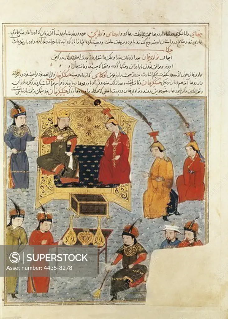 RASHID AL-DIN (1247 - 1318). Compendium of Chronicles (Jami' al-tawarikh). ca. 1307. Folio 164v. Tolui Khan (h. 1190-1232), youngest son of Genghis Khan, with his wife Sorghaghtani Beki. Illustration of the first section with the history of the Mongols. Edited 1430 ca. Persian art. Miniature Painting. FRANCE. ëLE-DE-FRANCE. Paris. National Library.