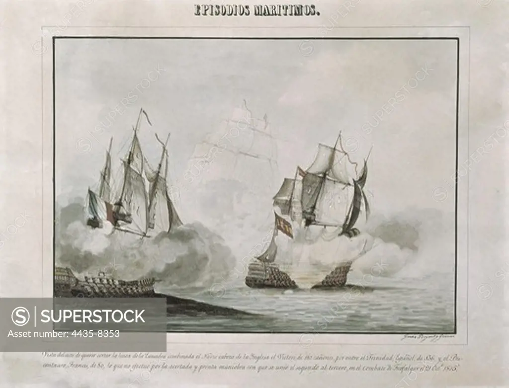 Battle of Trafalgar (1805). The French ship Bucentaure and the Spanish one Trinidad. Litography. SPAIN. MADRID (AUTONOMOUS COMMUNITY). Madrid. Navy Museum.