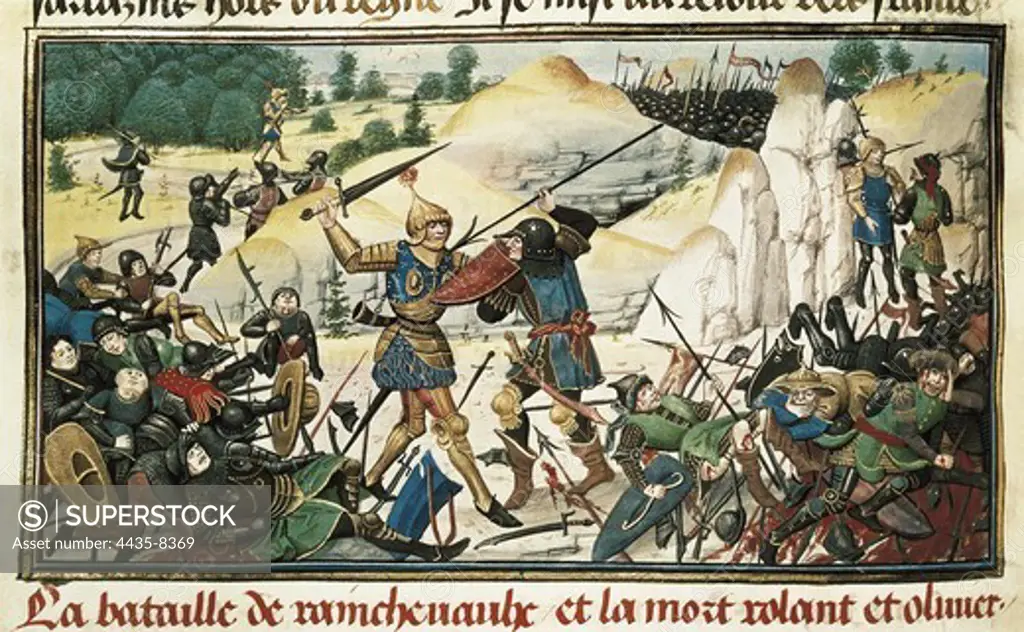 Battle of Roncevaux Pass (778). Knight Roland's death. Illuminated manuscript (14th c.). Gothic art. Miniature Painting. FRANCE. LE-DE-FRANCE. Paris. Bibliothque de l'Arsenal (Library of the Arsenal).