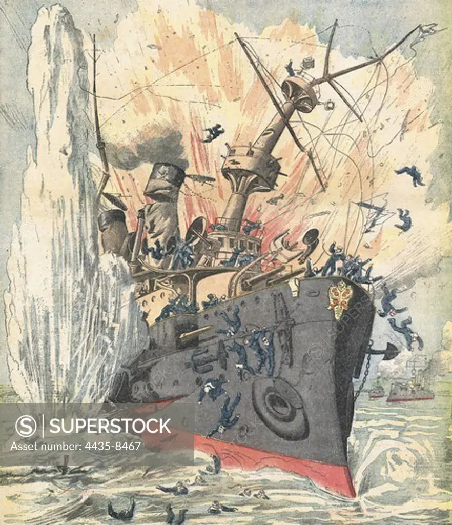 Russo-Japanese War (1904-1905). Explosion of the Russian boat ...