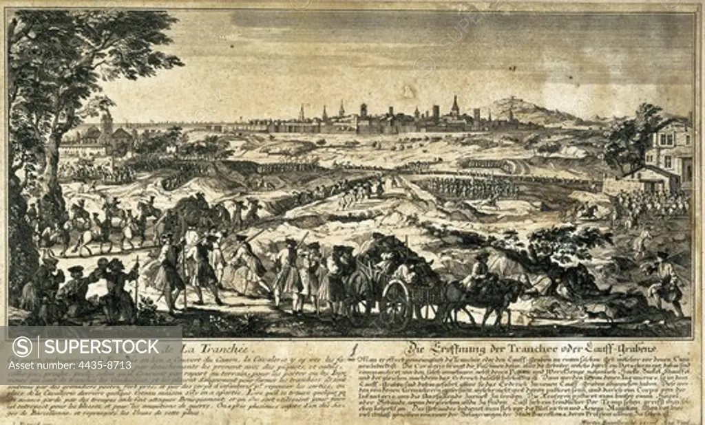 War of the Spanish Succession. Siege in Barcelona (1714). Engraving by Martin Engelbrecht after a drawing by Rigaud. Etching. SPAIN. CATALONIA. Barcelona. Barcelona City History Museum.