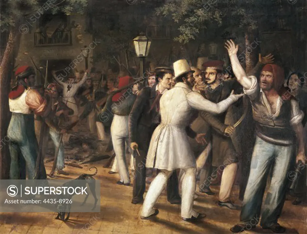 ARRAU, Jos_ (1802-1872). Muttiny of the Rambla. 19th c. Popular riot (5th August 1835). Oil on canvas. SPAIN. CATALONIA. Barcelona. Barcelona City History Museum.