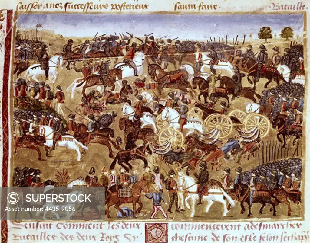 CURTIUS, Rufus Quintus (1st century). The history of Alexander the Great. 1461 - 1468. Battle scene. Ilustration of the french ediciÑn of the original of the 1st century b.c. Gothic art. Miniature Painting. FRANCE. CHAMPAGNE-ARDENNE. MARNE. Reims. Bibliothque Municipale (Municipal Library).