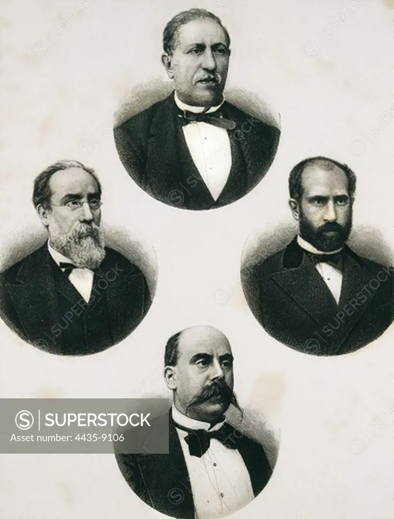 Spain. First Republic (1873-1874). Portrait of the four Presidents of the Spanish First Republuic: Estanislao Figueras (upper section), Francisco Pi i Margall (center, left), Nicolàs SalmerÑn (center, right) and Emilio Castelar. Etching.