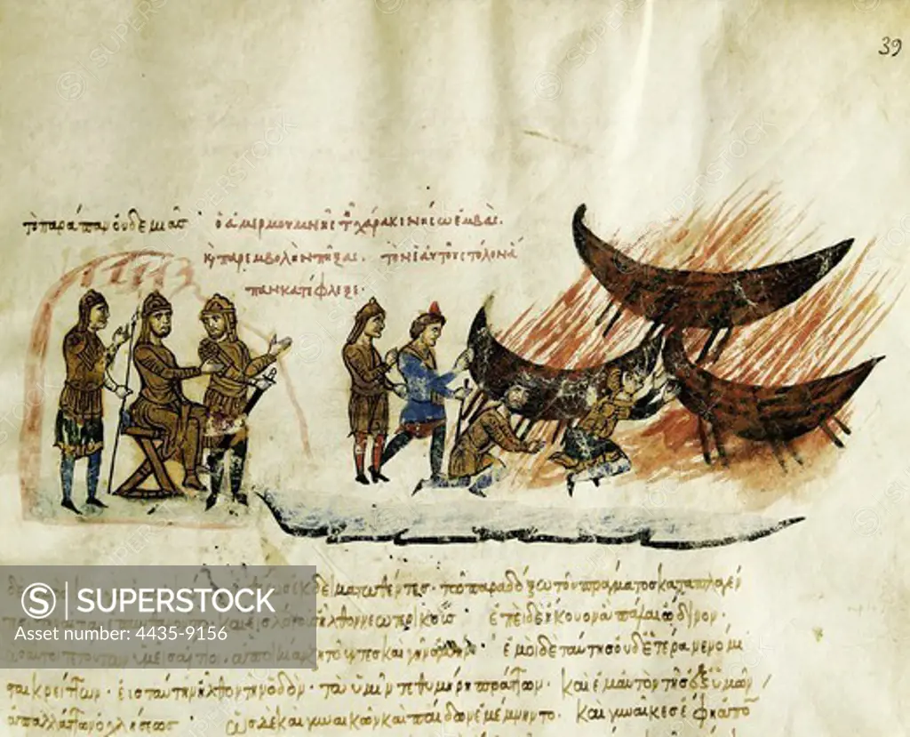 SKYLITZER, John (9th century). Madrid Skylitzes 'Synopsis historiarum'. Synopsis of Histories about the reigns of the Byzantine emperors. 12th c. Conquest of Crete by the Andalusian-Arab troops (exiled) conducted by Abu Hafs Umar to the-Balluti (825). Manuscript produced in Sicily. Byzantine art. Miniature Painting. SPAIN. MADRID (AUTONOMOUS COMMUNITY). Madrid. National Library.