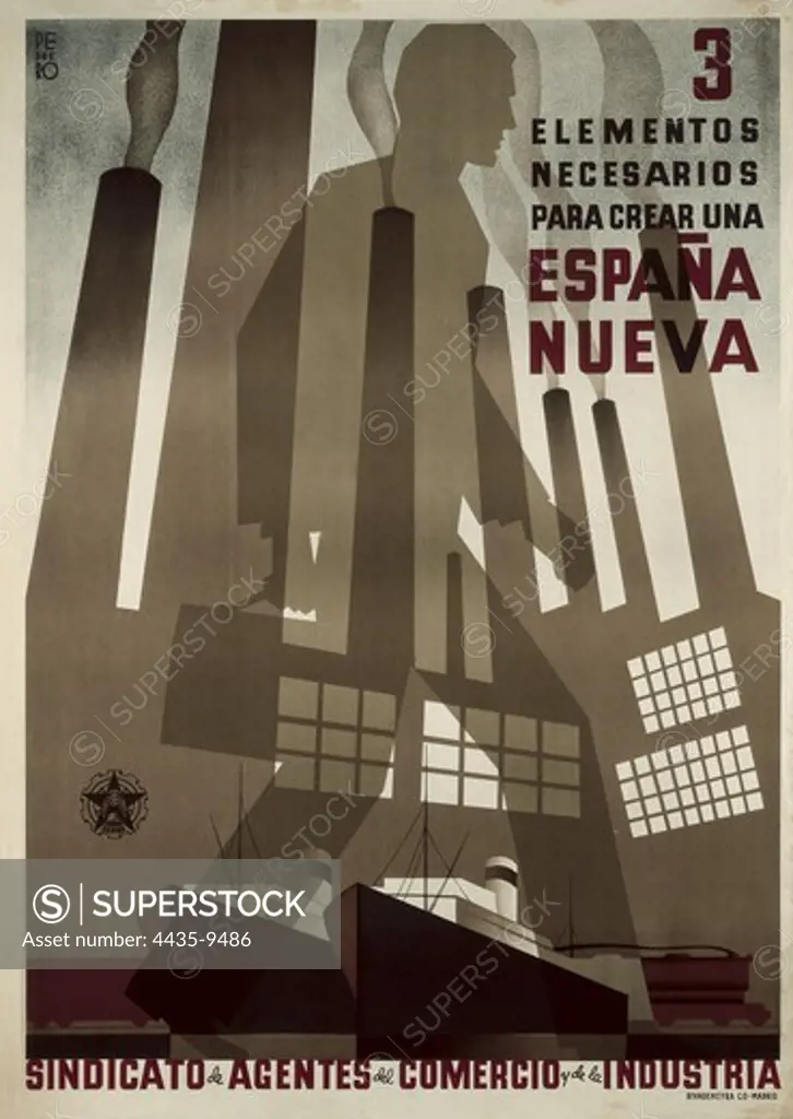 Spanish Civil War. 'Tres elementos necesarios para crear una nueva Espa-a' ('Three required elements to set up a new Spain'). Poster from Sindicato de Agentes del Comercio y de la Industria (Industry and Sales Agents' Syndicate) . UGT (Spanish General Union of Workers). Author: Pedrero. Madrid. Drawing. SPAIN. CASTILE AND LEON. Salamanca. Archivo Histrico Nacional.