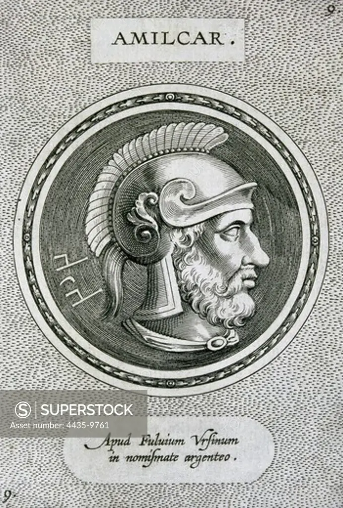 HAMILCAR BARCA (290-229 BC). Carthaginian general. Led the conquest of Spain. Etching. SPAIN. MADRID (AUTONOMOUS COMMUNITY). Madrid. National Library.