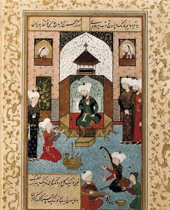 HUSSEIN BAIKARA (1469-1506). Timurid sultan. The sultan with his court. IlustraciÑn of poems of Behzad school. Islamic art. Miniature Painting. FRANCE. LE-DE-FRANCE. Paris. National Library.