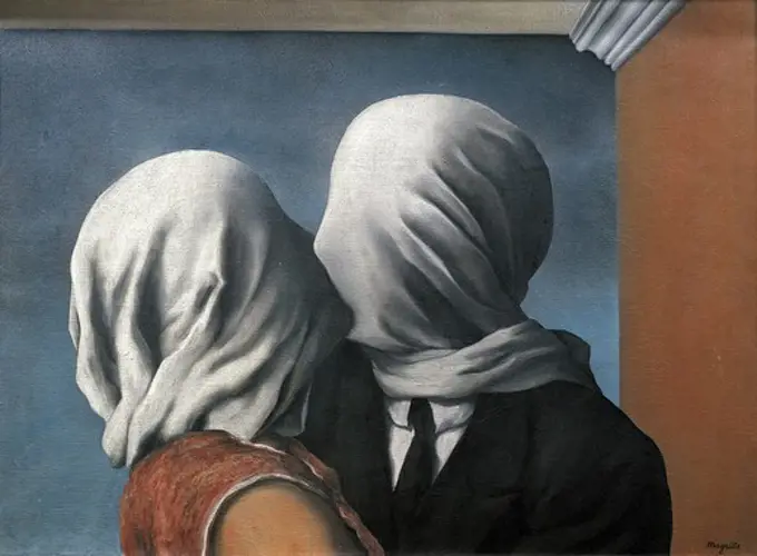 MAGRITTE, Ren_ (1898-1967). The lovers. 1928. Surrealism. Oil on canvas. Private Collection.