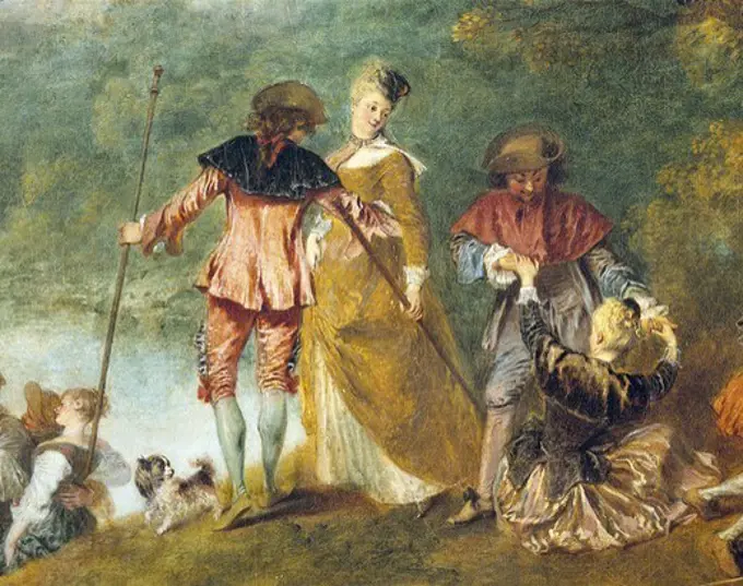 WATTEAU, Jean-Antoine (1684-1721). Embarkation for Cythera. ca. 1717. Central detail. Rococo. Oil on canvas. FRANCE. ëLE-DE-FRANCE. Paris. Louvre Museum.