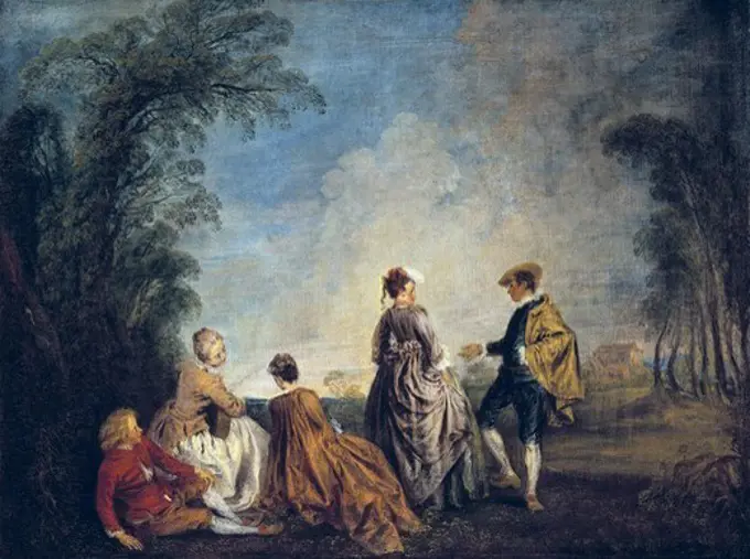 WATTEAU, Jean-Antoine (1684-1721). An Embarrasing Proposal. 1715 - 1716. Rococo. Oil on canvas. RUSSIA. SAINT PETERSBURG. Saint Petersburg. State Hermitage Museum.