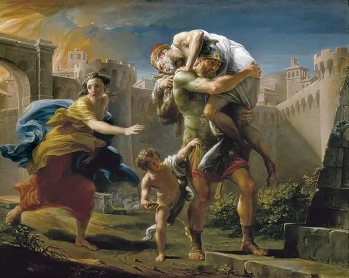 BATONI, Pompeo Girolamo (1708-1787). Aeneas and His Family Fleeing Troy. 18th c. Rococo. Oil on canvas. ITALY. PIEDMONT. Turin. Galleria Sabauda (Sabauda Gallery).