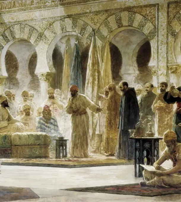 BAIXERAS i VERDAGUER, Dions (1862-1943). Abd al-Rahman III Receiving the Ambassador. 1885. Detail of the central part. Abd al-Rahman receives the monk John of Gorze, Ambassador of Emperor Otto I (956). Romanticism. Orientalism. Oil on canvas. SPAIN. CATALONIA. Barcelona. Barcelona University Library.