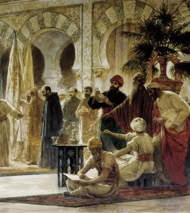 BAIXERAS i VERDAGUER, Dions (1862-1943). Abd al-Rahman III Receiving the Ambassador. 1885. Reception of the caliph to an Ambassador of Emperor Otto I, the monk John of Gorze. Right detail of the Court. Romanticism. Orientalism. Painting. SPAIN. CATALONIA. BARCELONA. Barcelona. University of Barcelona.