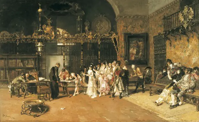 FORTUNY I MARSAL, Mariano (1838-1874). The Vicarage (La vicaria). 1870. In 1870, Fortuny painted this second version of The Vicarage, featuring Isabel, the painter's sister-in-law (the bride); Raimon, her brother (the bridegroom); the Roman model Nicolina (the 'maja'); Arlechino (the matador), and the painter Meissonier (the soldier). Romanticism. Oil on canvas. SPAIN. CATALONIA. Barcelona. National Art Museum of Catalonia.