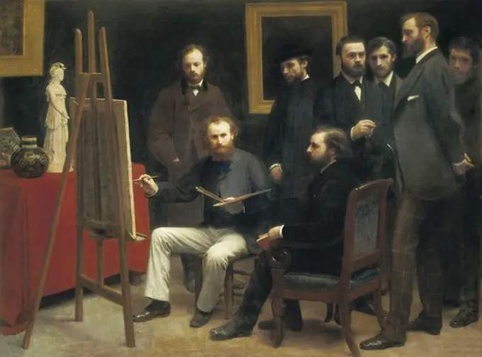 FANTIN-LATOUR, Henri-Theodore (1836-1904). Studio at Batignolles. 1870. Painter link between the Romanticism and the modern painting. This constitute a tribute to Manet (seated in front of the easel) surrounded by some painters: Renoir, Monet and Bazille. And by some writers: Zola, Astruc, Matre and Schšlderer. Romanticism. Oil on canvas. FRANCE. ëLE-DE-FRANCE. Paris. MusŽe d'Orsay (Orsay Museum).