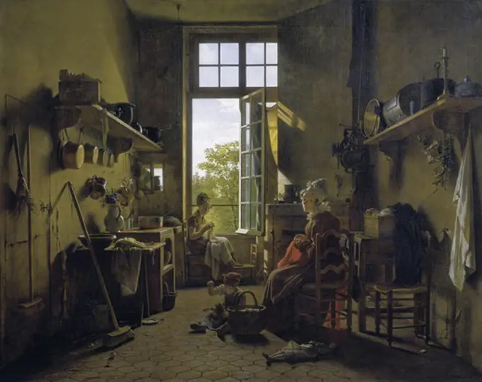 DRLLING, Martin (1752-1817). Interior of a kitchen. 1815. The image represents two women sewing and a boy playing in the interior of a kitchen. Romanticism. Oil on canvas. FRANCE. ëLE-DE-FRANCE. Paris. Louvre Museum.