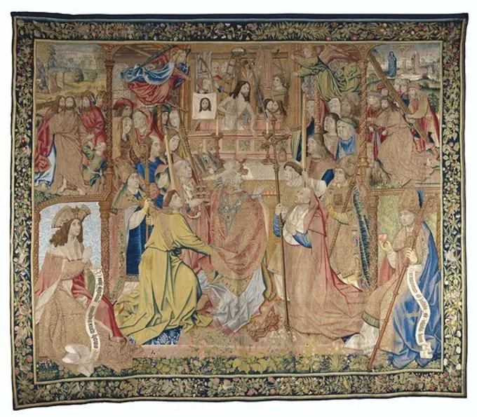 AELST, Pieter van (before1509-1555). The Mass of Saint Gregory. 16th c. Brussels manufacturing based on models of the Brussels painter Colijn de Coter. A successor to Roger van der Weyden's pictorial tradition. Gold, silver, silk and wool (342 x 407 cm). Right and left the figures of Prophet David and St Augustine. Flemish art. Tapestry. SPAIN. CASTILE AND LEON. Segovia. Royal Palace of La Granja de San Ildefonso (St. Ildefonse's Farm).