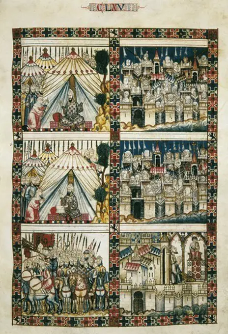 Alfonso X, called 'The Wise' (1221-1284). Cantigas de Santa Maria (Virgin Mary Songs). 13th c. Battle and soldiers scene. Gothic art. Miniature Painting. SPAIN. MADRID (AUTONOMOUS COMMUNITY). San Lorenzo de El Escorial. Royal Library of the Monastery of El Escorial.