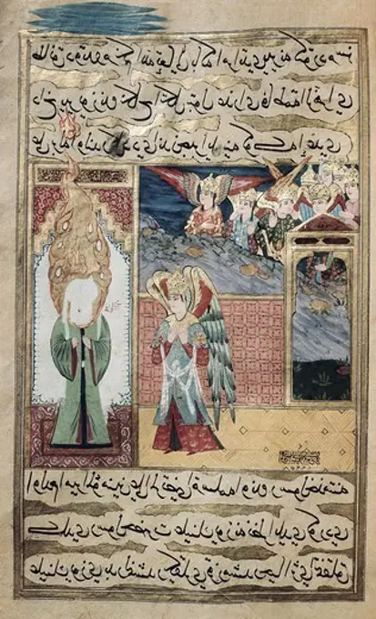 The Archangel Saint Gabriel inspires Muhammad in the mosque of Medina. Ottoman copy from the 18th c. of a Koran's copy from the 8th c., with illustrations by Seyyd Suleiman Pacha. Ottoman art. Miniature Painting. TURKEY. THRACE. Istanbul. Museum of Turkish and Islamic Arts.