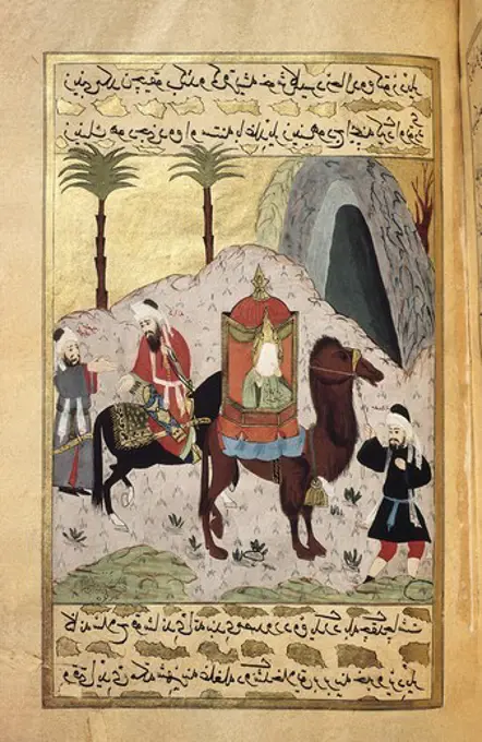 Zaynat bint Jahsh, fifth wife of Muhammad, escapes from Mecca and goes to Medina. Work by Erzeni, 18th century. Miniature Painting. TURKEY. THRACE. Istanbul. Museum of Turkish and Islamic Arts.